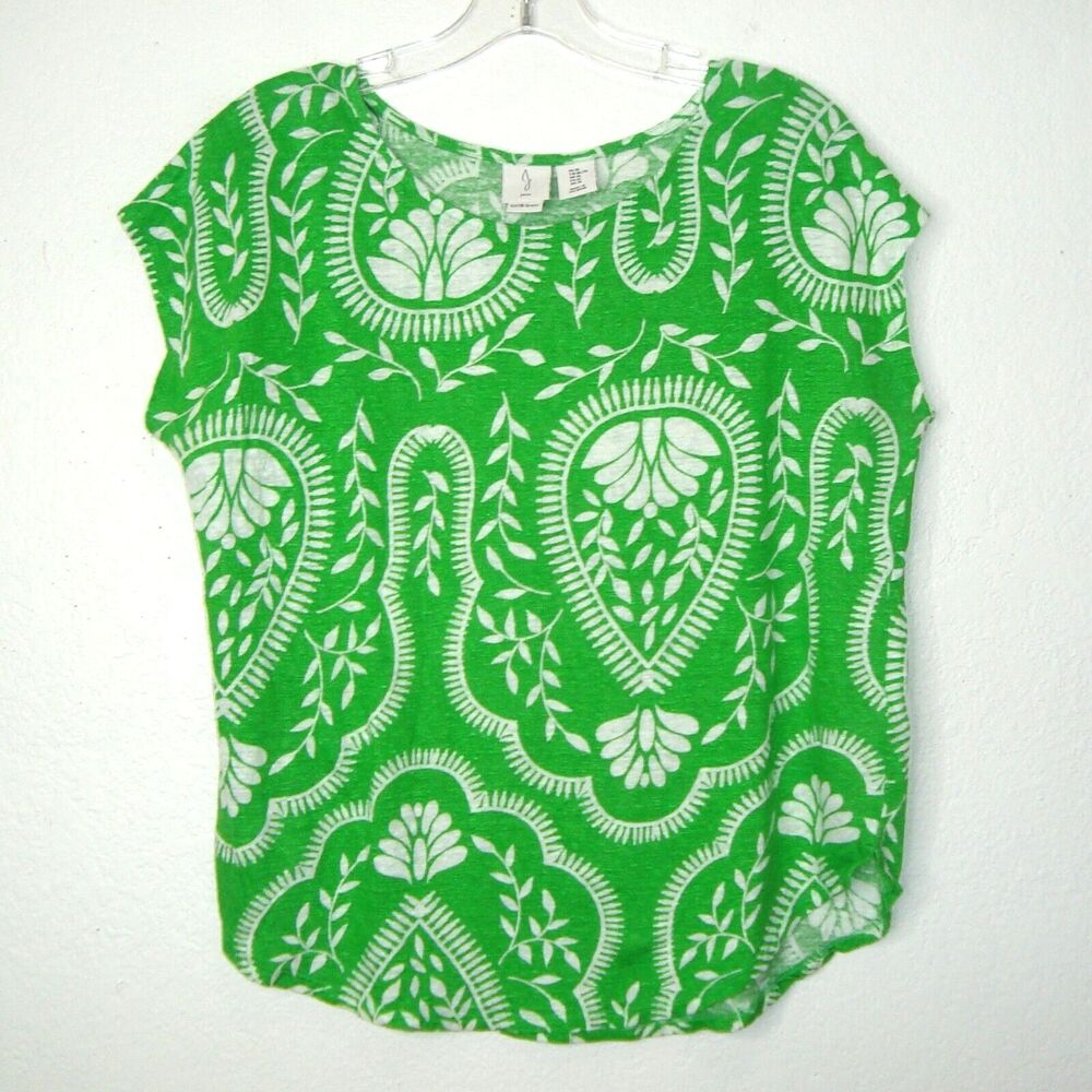 Joie Linen Womens Top Size XL Green White Floral Short Dolman Sleeve